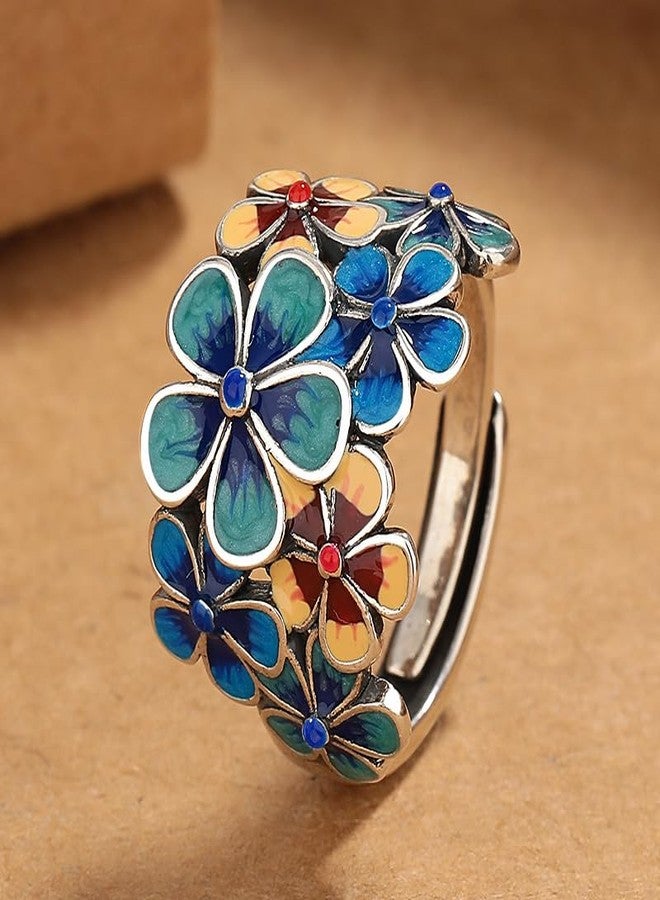 HAIXIAN Sterling Silver Fashion Rose Peony Flower Statement Band Ring, Thick Silver Plated Dainty Colorful Floral Enamel Band Ring Jewelry for Women (Adjustable) - Image 3
